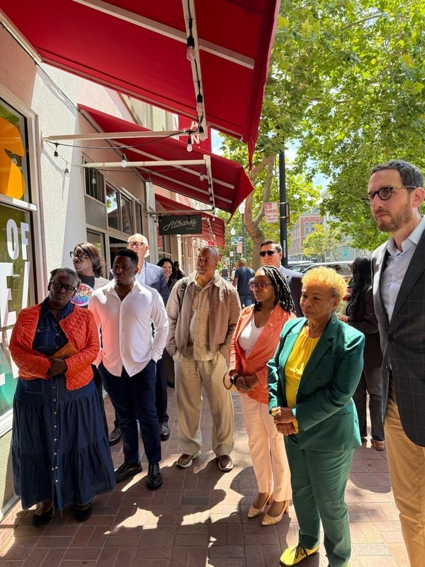 Mayor Barbara Lee, State Senator Scott Wiener, and crowd.