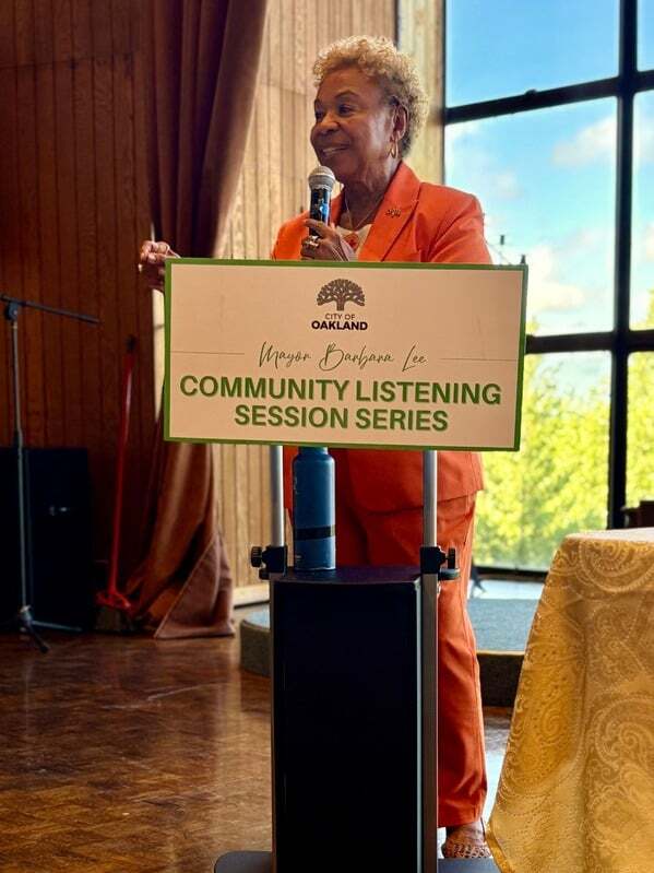 Mayor Barbara Lee speaking at a Community Listening Session