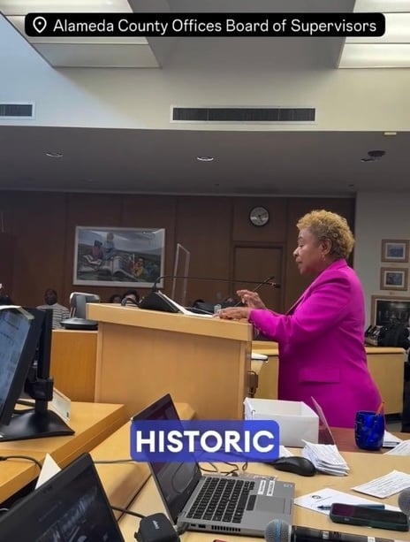 Mayor Barbara Lee addresses the Alameda County Board of Supervisors